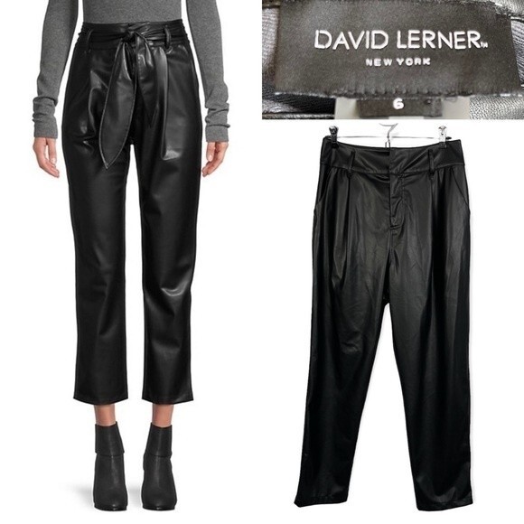 DAVID LERNER Lexi Black Paperbag Faux Vegan Leather High Waisted Ankle Pants 6 - Picture 1 of 12